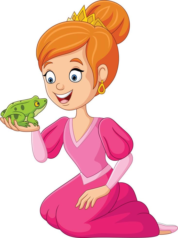 Cartoon princess with frog in her hands vector