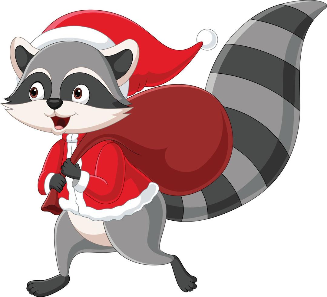 Cartoon raccoon in santa claus costume carrying a red bag vector