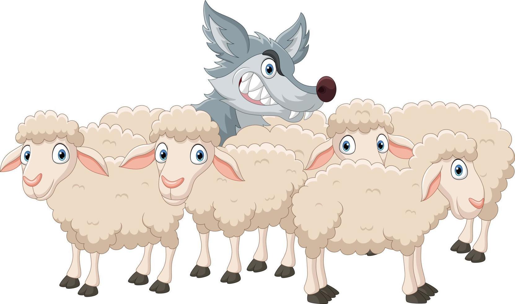 Cartoon wolf with sheep flock vector