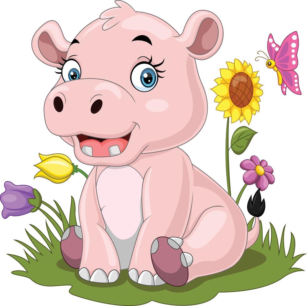 Cartoon baby hippo sitting in the grass vector