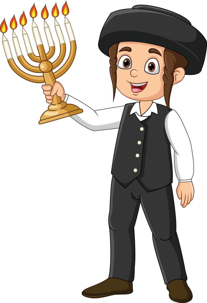 Happy Jewish girl holding lights Hanukkah candles vector