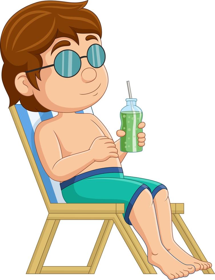 Cartoon little boy relaxing with drinking cocktail on beach chair vector