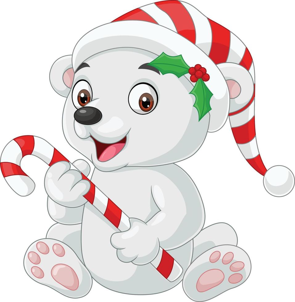 Cute baby polar bear holding candy cane vector