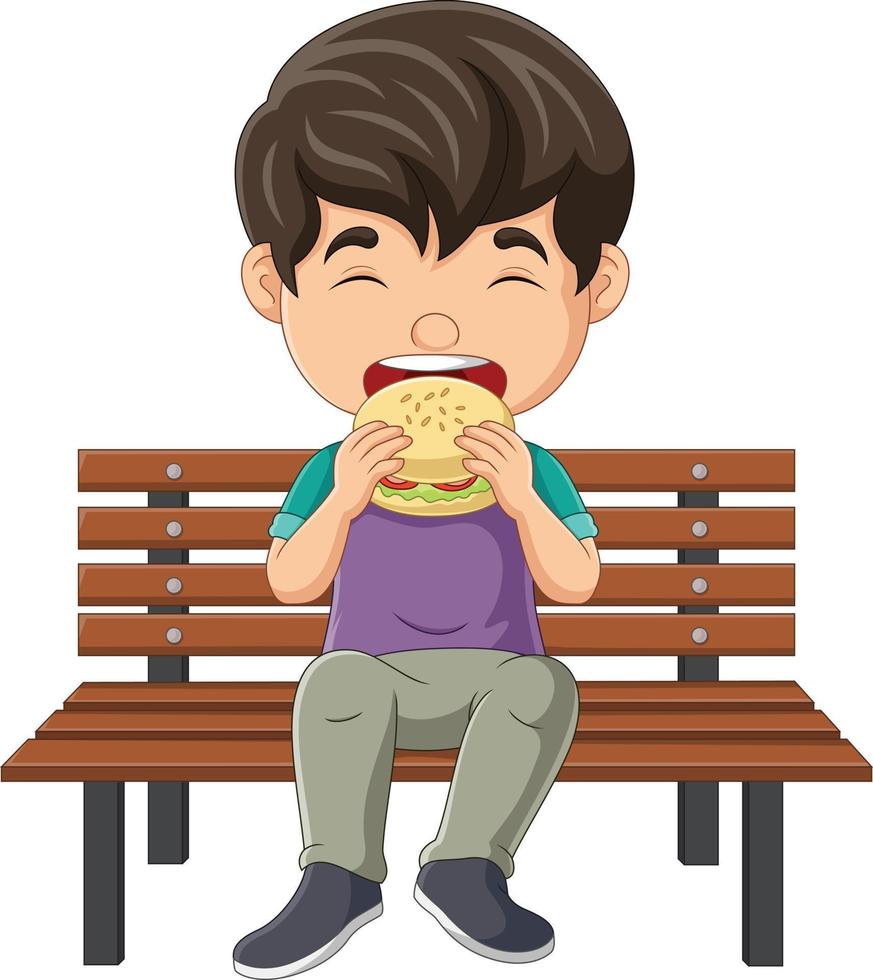 Cartoon little boy eating hamburger on bench vector