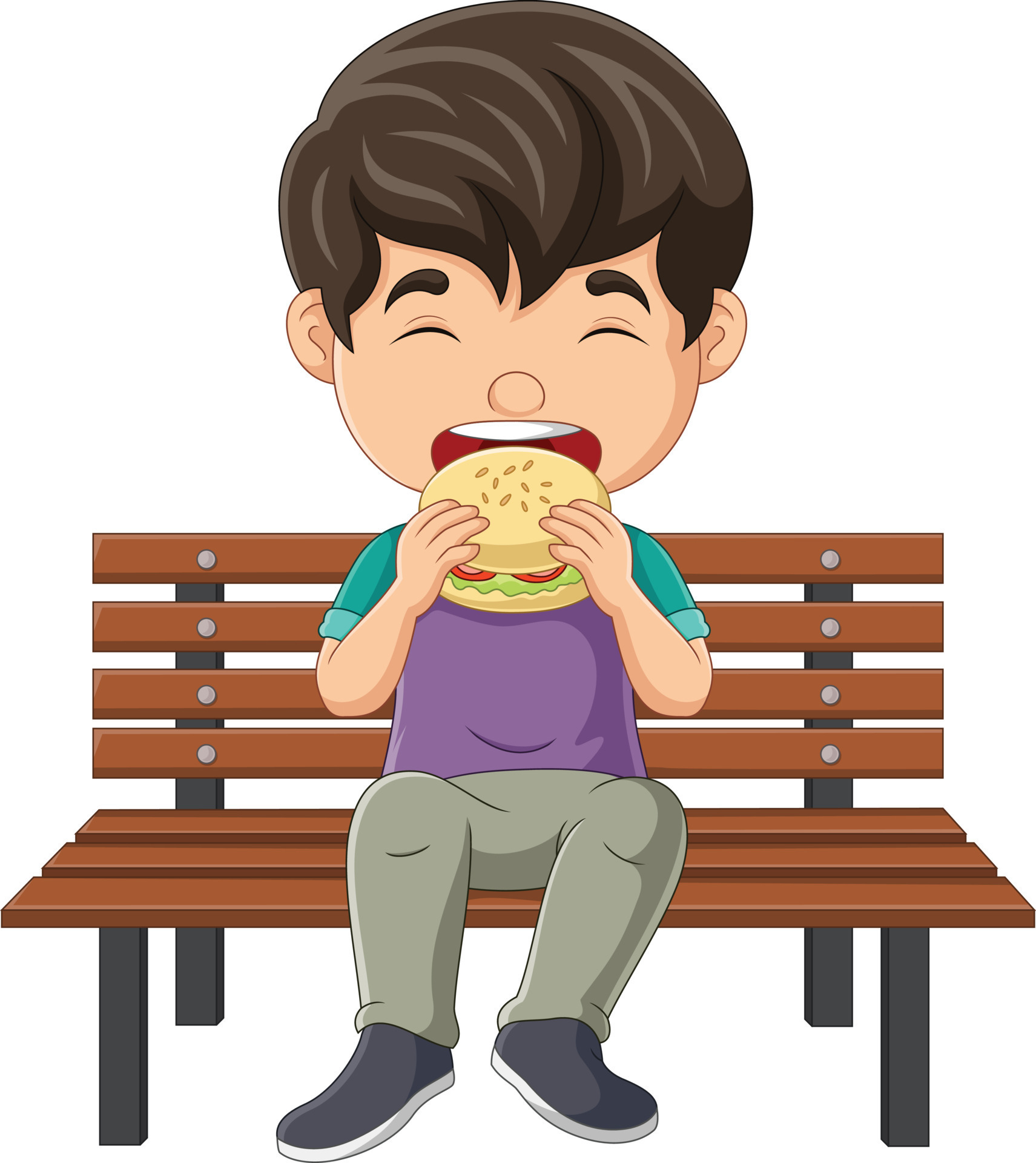 Cartoon little boy eating hamburger on bench 15219986 Vector Art at
