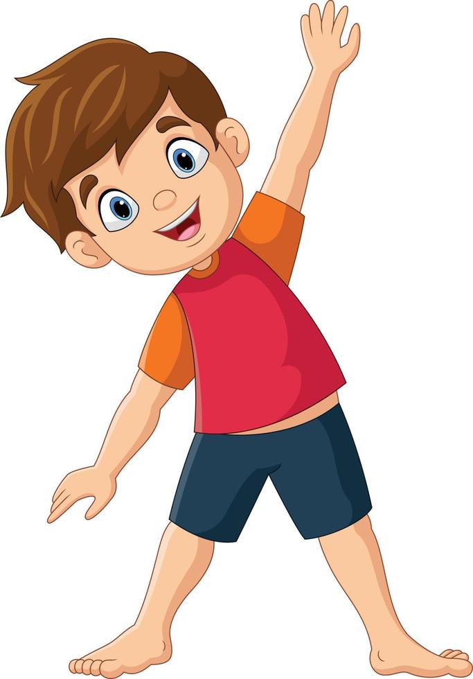 Cartoon little boy doing triangle yoga pose vector