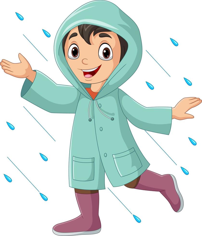 Cartoon little boy wearing raincoats and boots in the rain vector