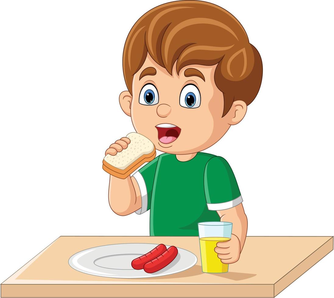 Cartoon boy having breakfast with bread, sausage and orange juice vector