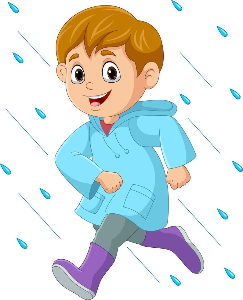 niño pequeño de dibujos animados corriendo con impermeable y botas bajo la lluvia vector