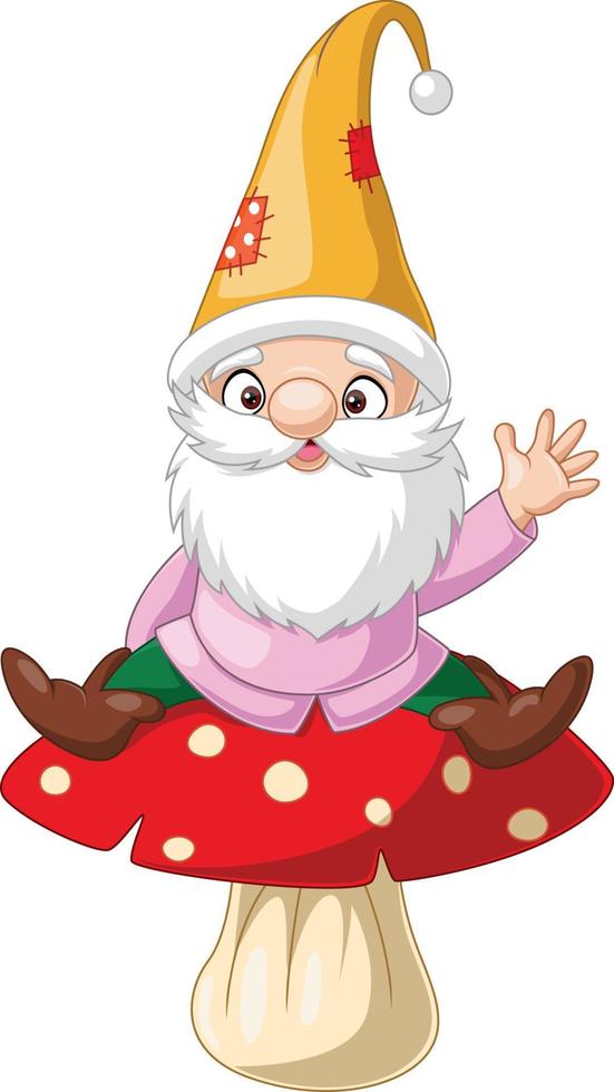 Cartoon happy gnomes sitting on mushroom vector