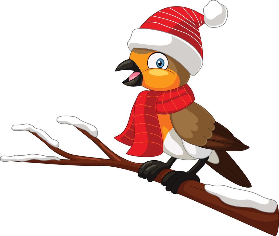 Cartoon robin bird wearing santa hat and scarf vector