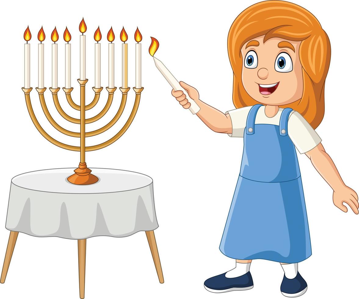 Happy jewish girl lights hanukkah candles vector