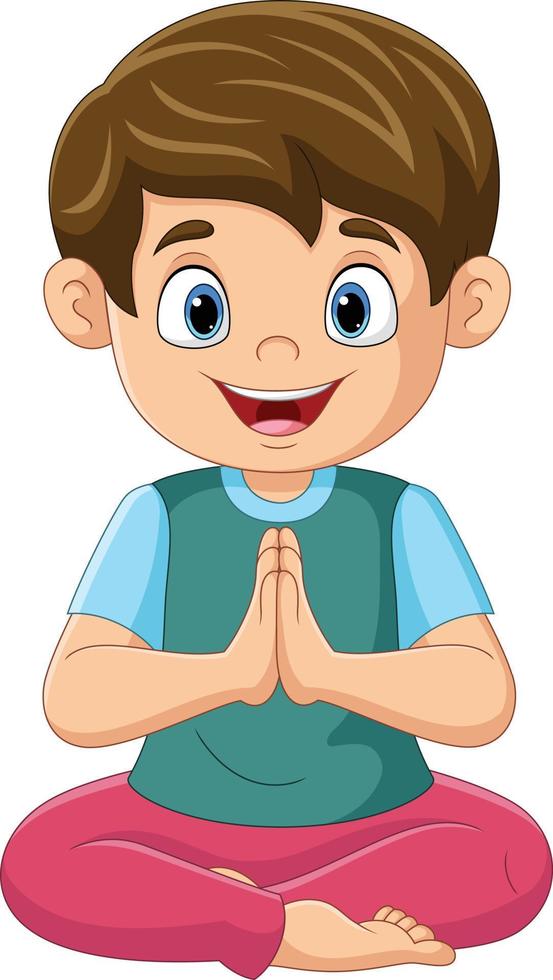 Cartoon little boy sitting in lotus pose vector