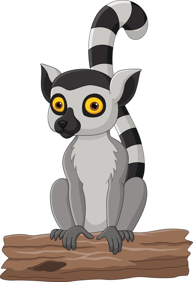 Cartoon cute lemur sitting on tree stump vector