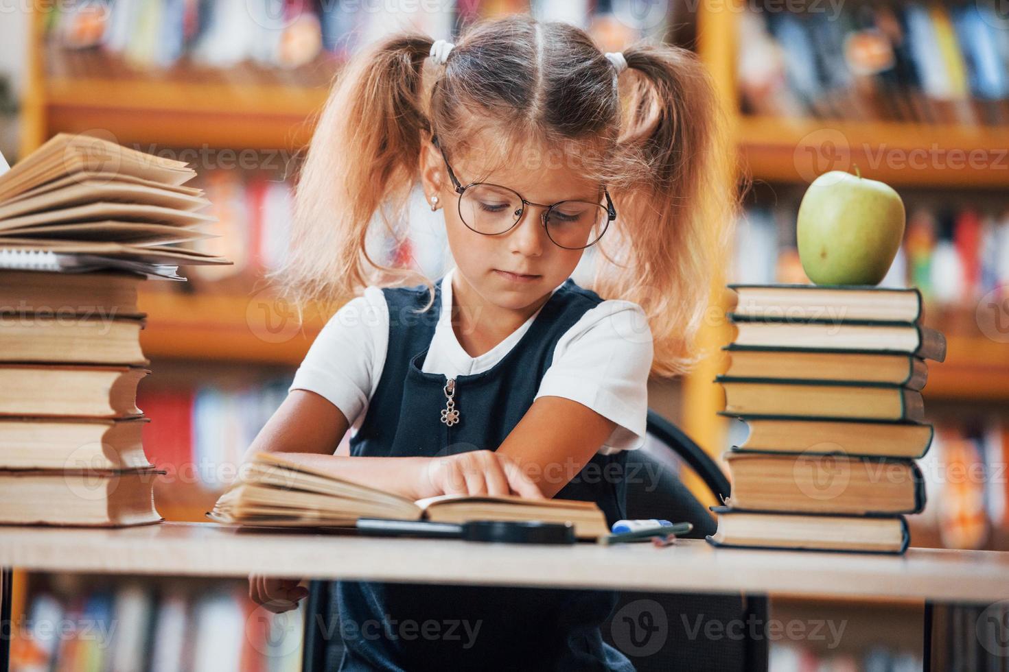 Learning process. Cute little girl with pigtails is in the library. Apple on the books photo