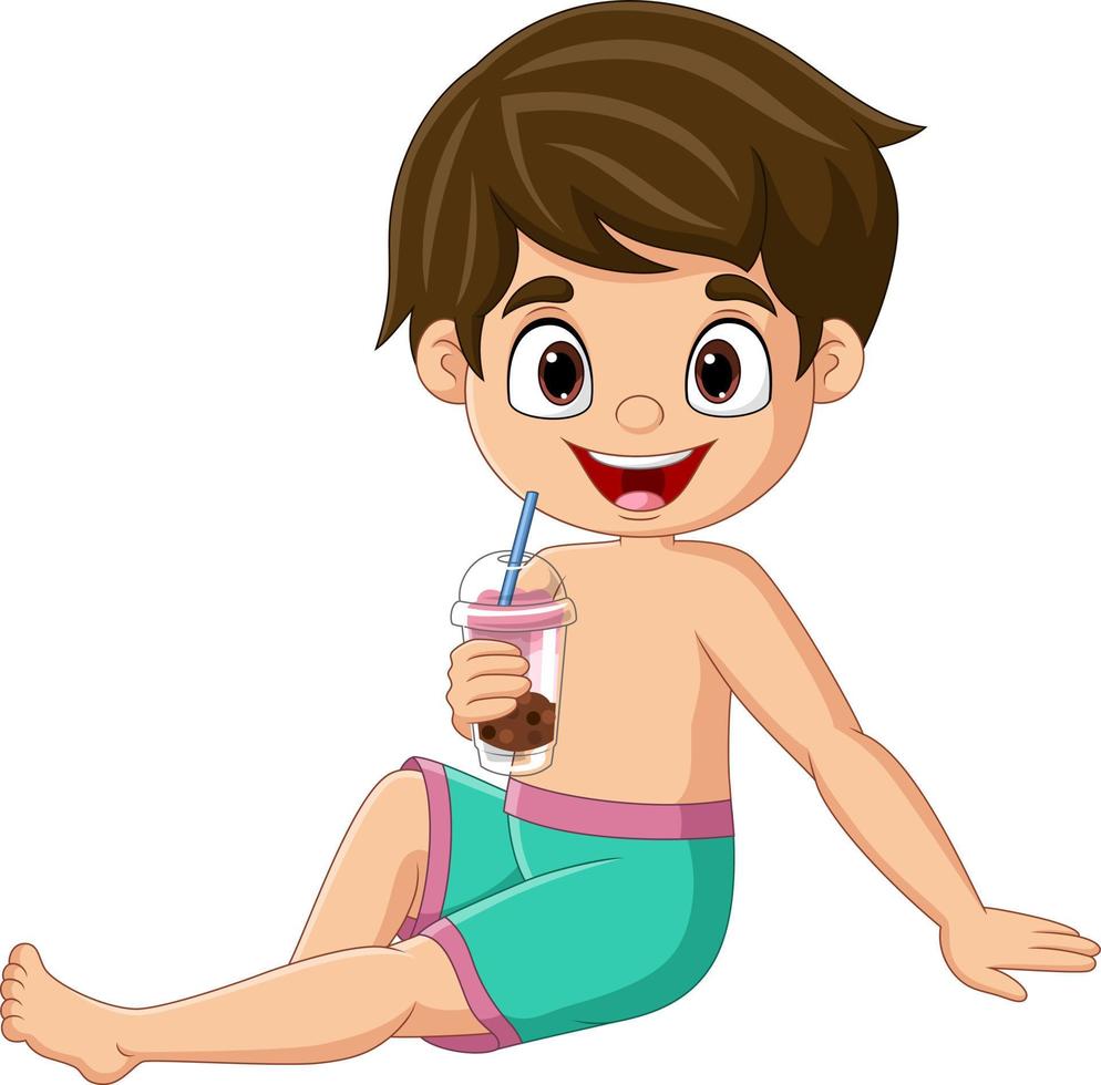 Cartoon little boy drink bubble tea vector
