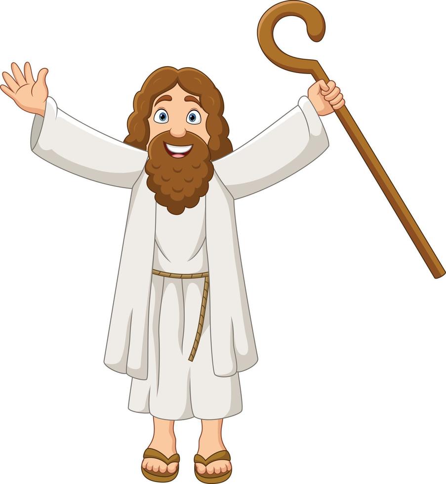 Cartoon Moses holding wooden staff with open arms vector