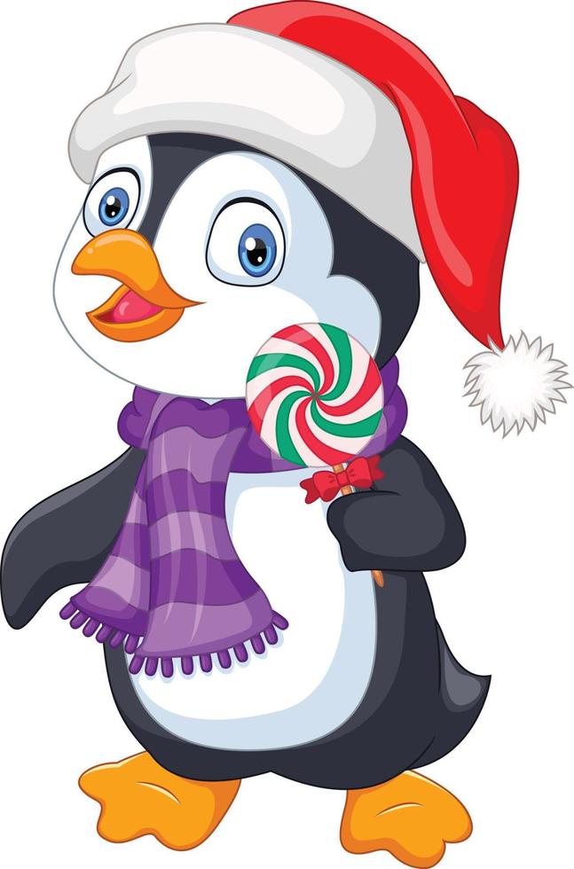 Cartoon penguin wearing hat and scarf holds a lollipops vector