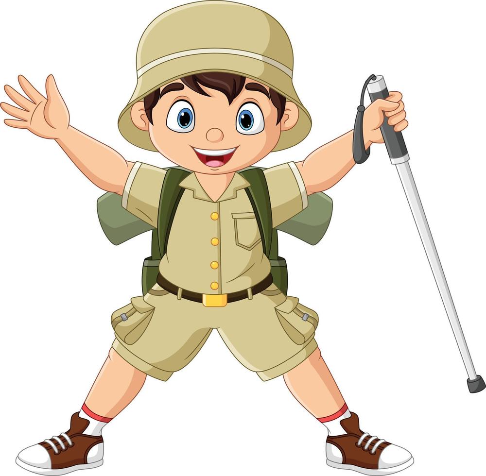 Cartoon hiker boy with walking stick vector