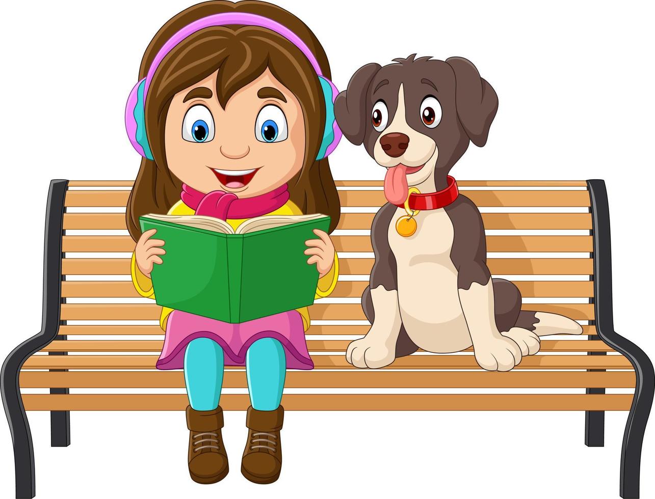 Cartoon little girl sitting and reading a book on a park bench with her dog vector