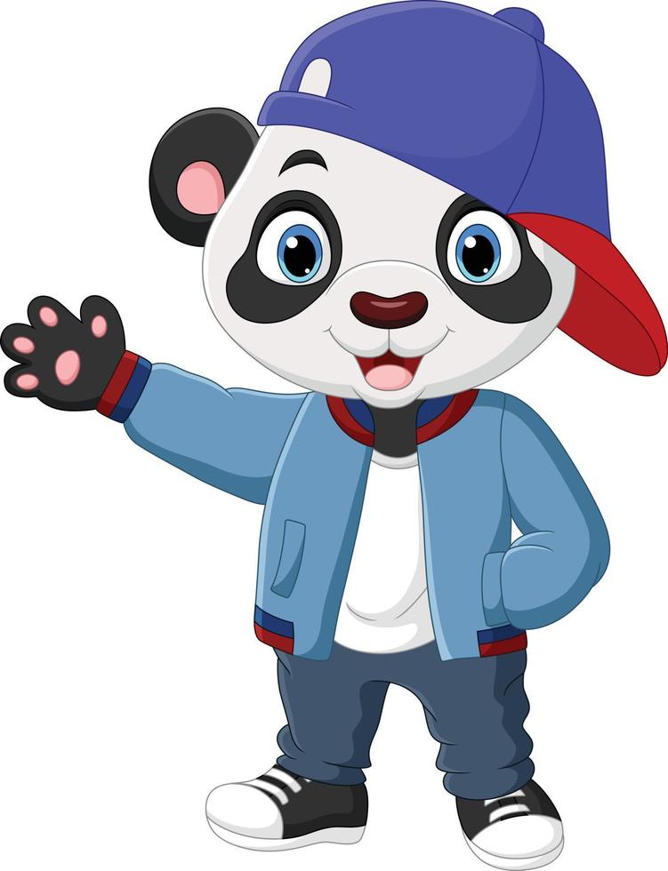 linda caricatura de panda con chaqueta y gorra vector