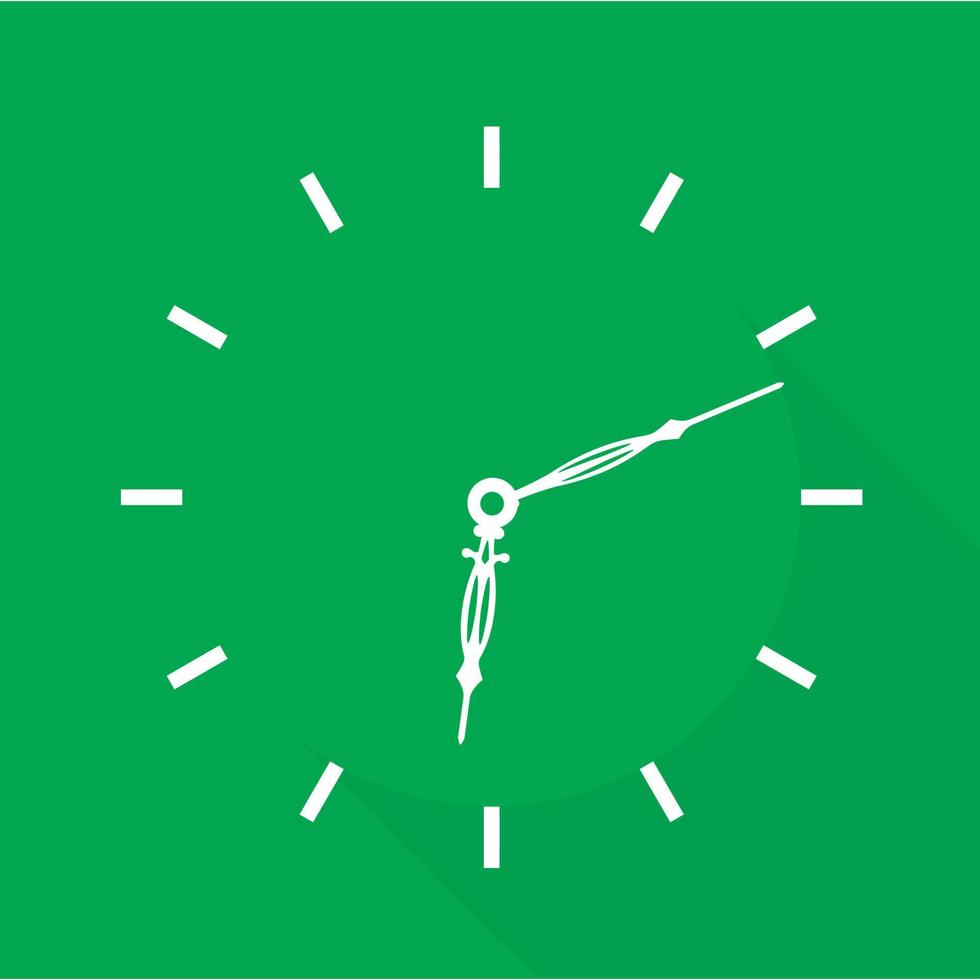 Green clock with globe icon, flat style vector
