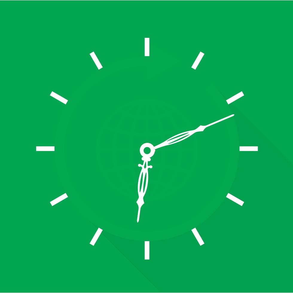 Green clock with globe icon, flat style vector