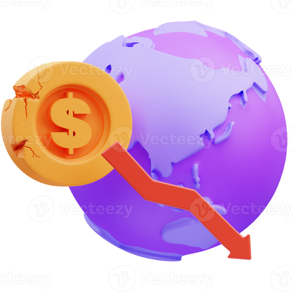 3d render illustration of coin and globe icon related to global recession crisis png