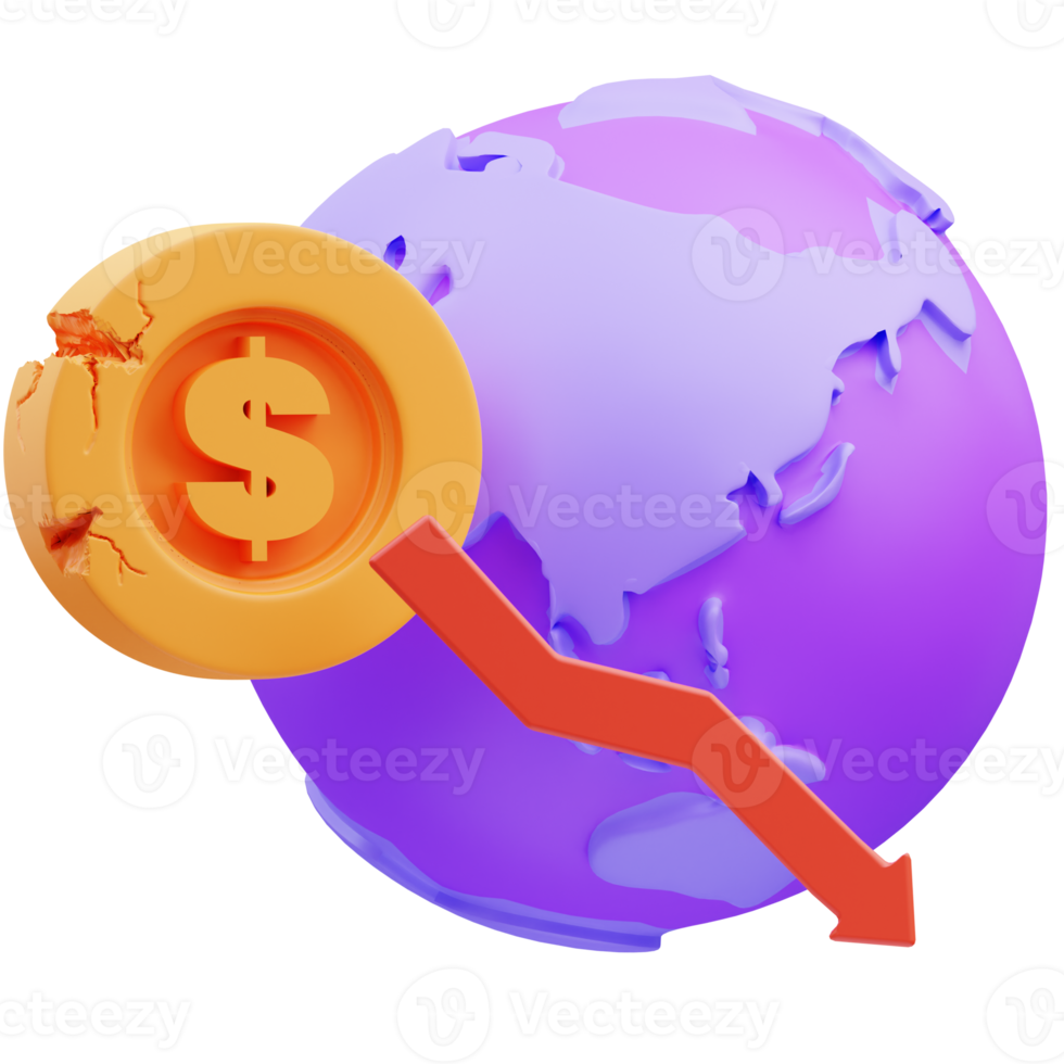 3d framställa illustration av mynt och klot ikon relaterad till global lågkonjunktur kris png