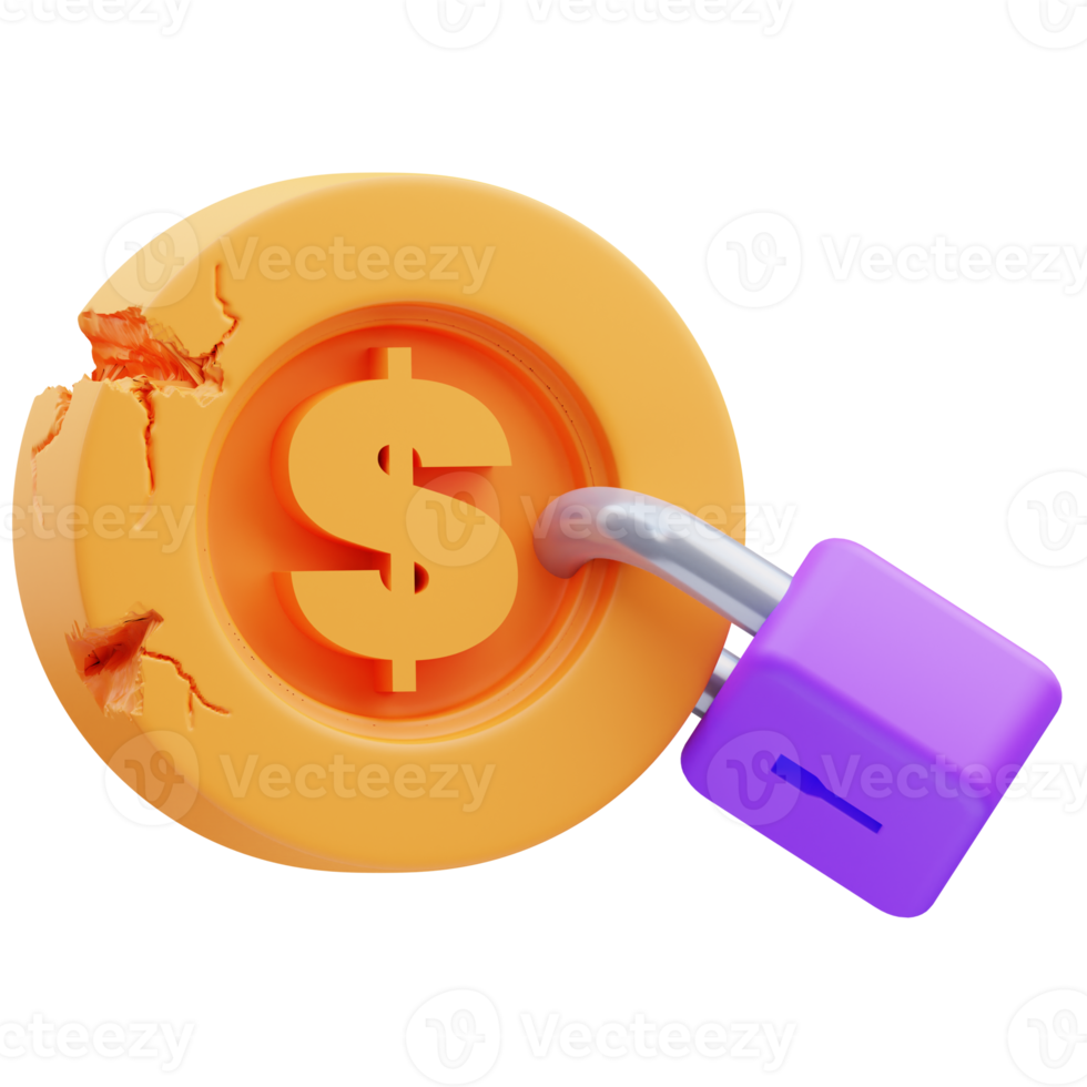 3d rendering illustration of locked broken coin icon, financial crisis, global recession png