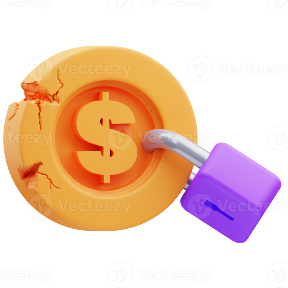 ilustração de renderização 3D do ícone de moeda quebrada bloqueada, crise financeira, recessão global png