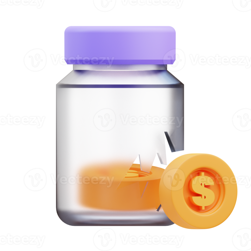3d rendering illustration of saving jar icon damaged by financial crisis, global recession png