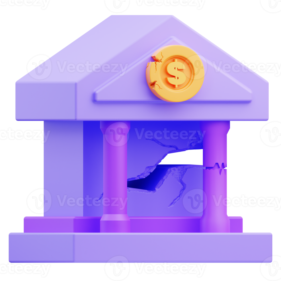 3d rendering illustration of broken bank building icon symbolizing financial crisis, recession png