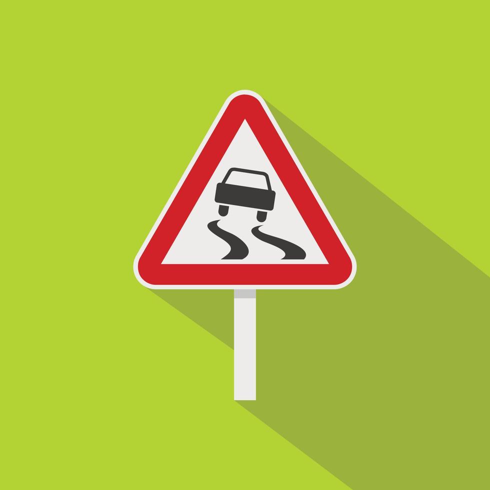 Slippery when wet road sign icon, flat style vector