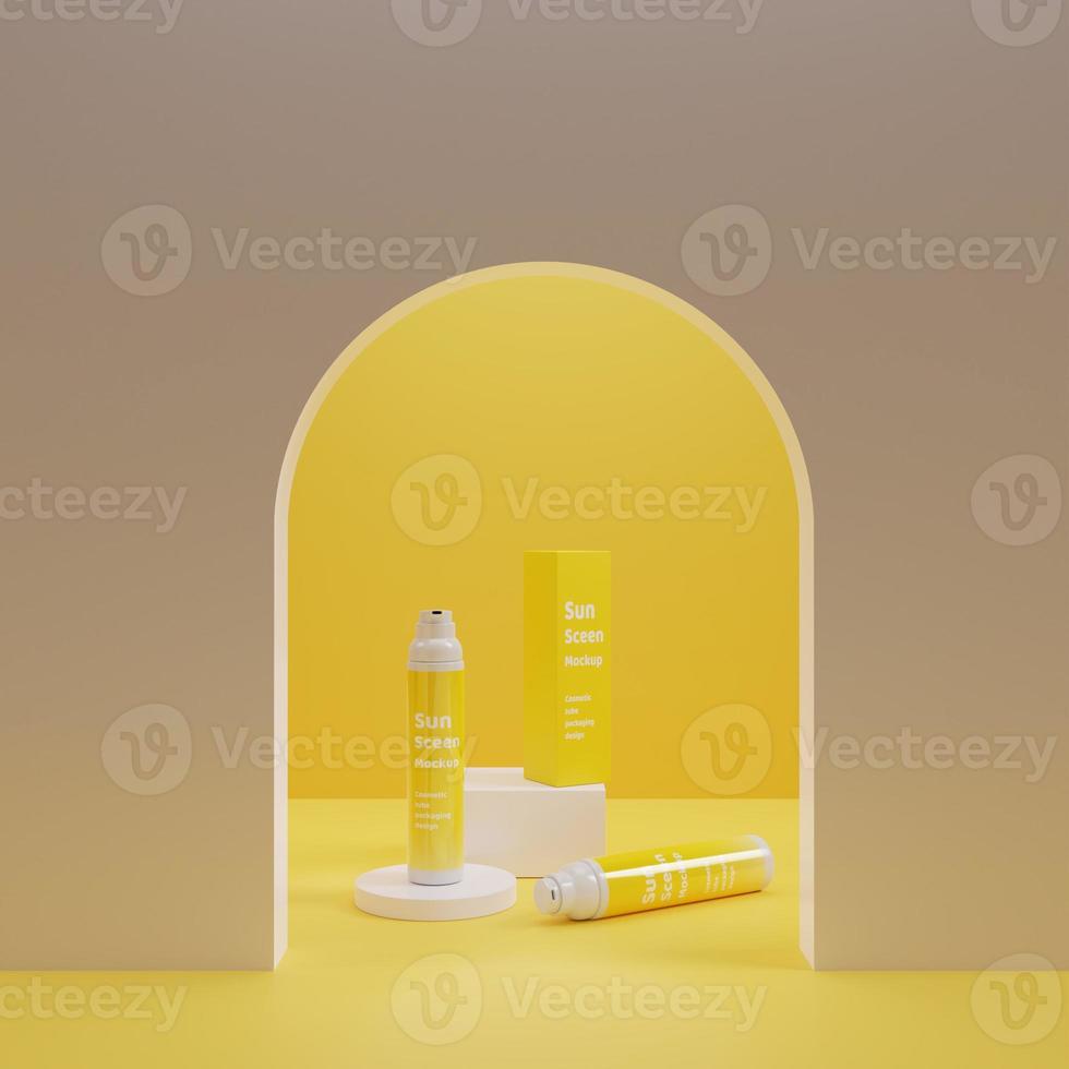 3D rendering sun screen head pump mockup on yellow background photo