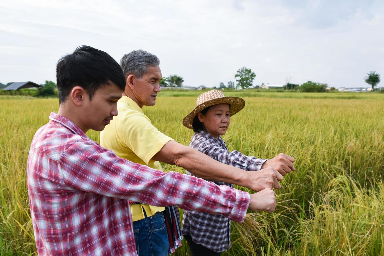 Portrait asian elderly man in yellow shirt is taking note planting information by asking and interviewing young asian man and female farmer nearby, soft and selective focus. photo