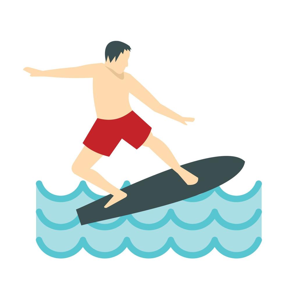 surfista, hombre, en, tabla de surf, icono, plano, estilo vector