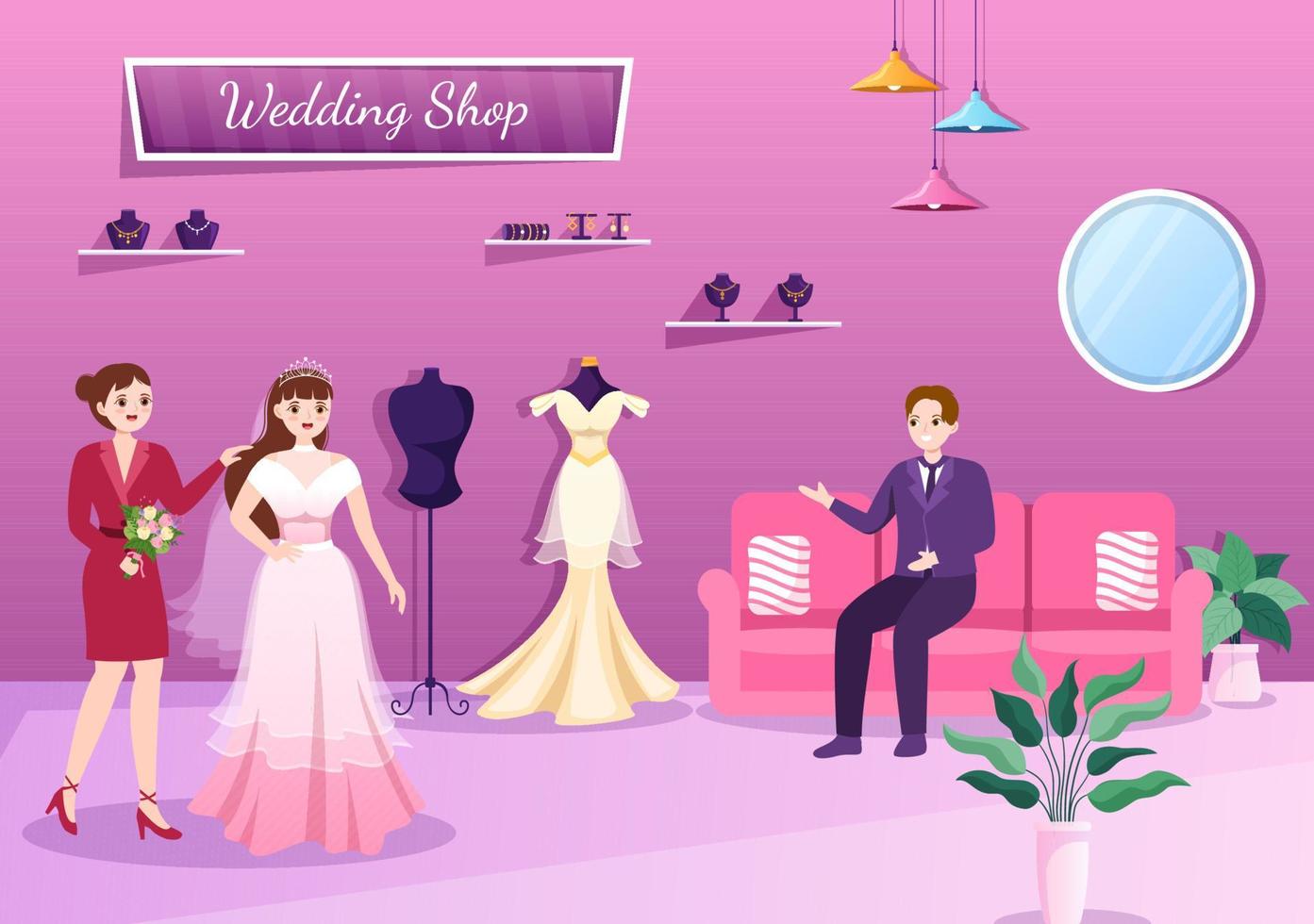 Wedding Shop with Jewellery, Beautiful Bride Gowns and Accessories Suitable for Poster in Flat Cartoon Hand Drawn Template Illustration vector
