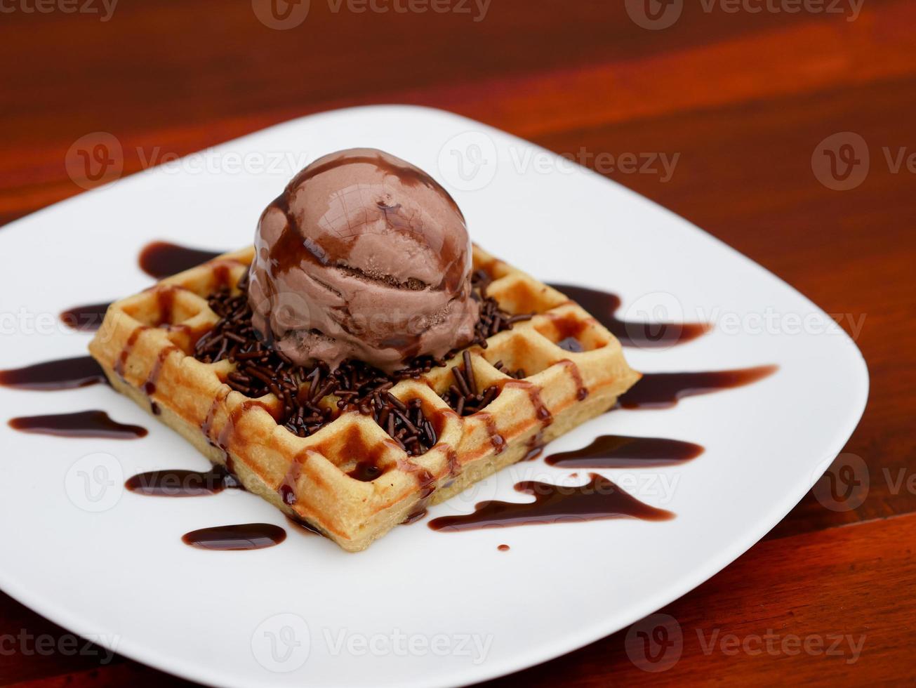 chocolate waffle with ice cream topping and chocolate sprinkles photo