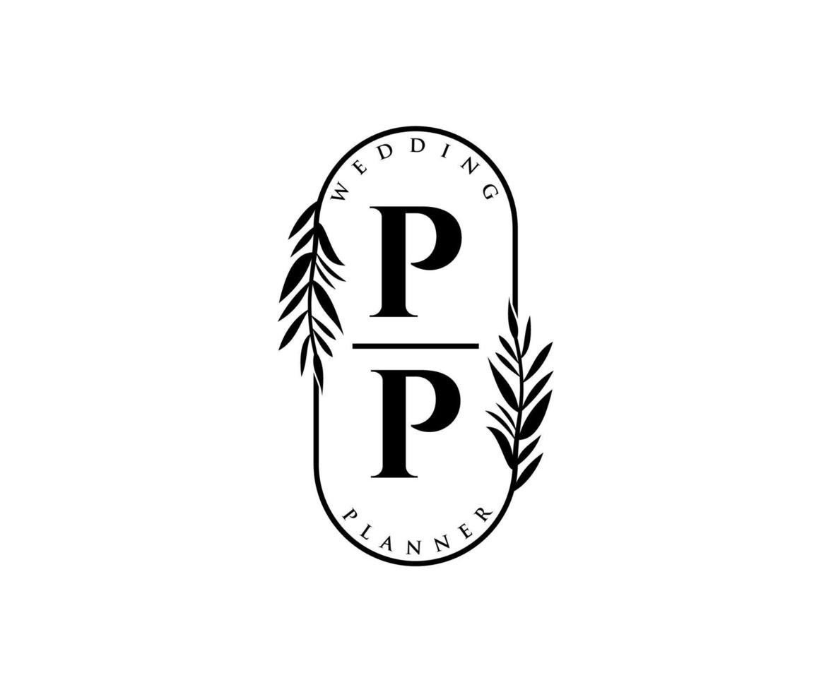 colección de logotipos de monograma de boda con letras iniciales de pp, plantillas florales y minimalistas modernas dibujadas a mano para tarjetas de invitación, guardar la fecha, identidad elegante para restaurante, boutique, café en vector