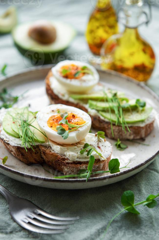 Bread toast, boiled eggs, avocado slice, microgreens on a plate photo