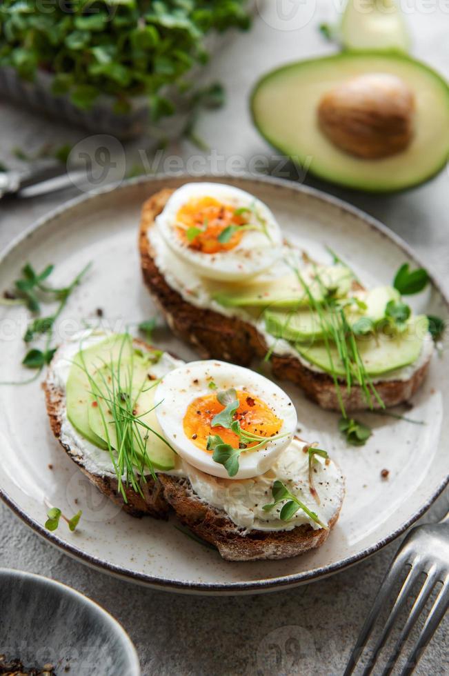 Bread toast, boiled eggs, avocado slice, microgreens on a plate photo