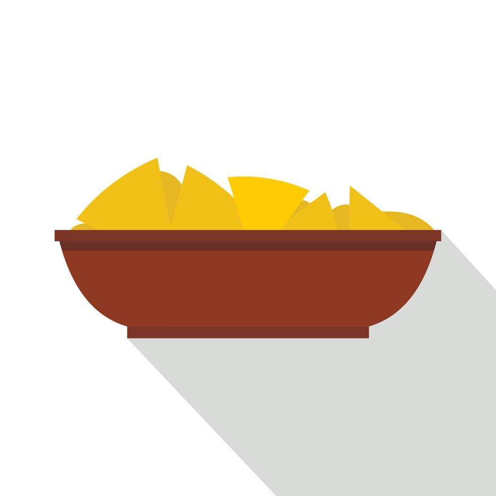 Mexican nachos in brown bowl icon, flat style vector