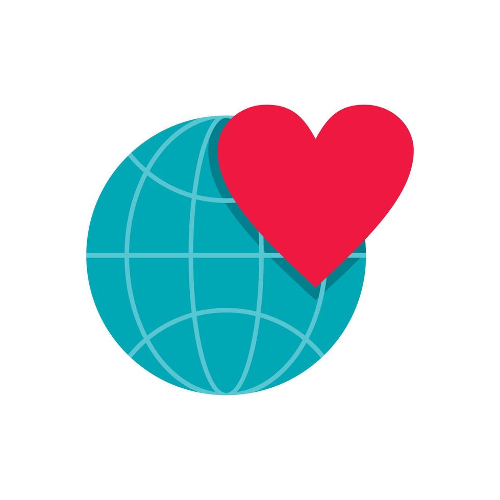 Earth world globe with heart icon, flat style vector