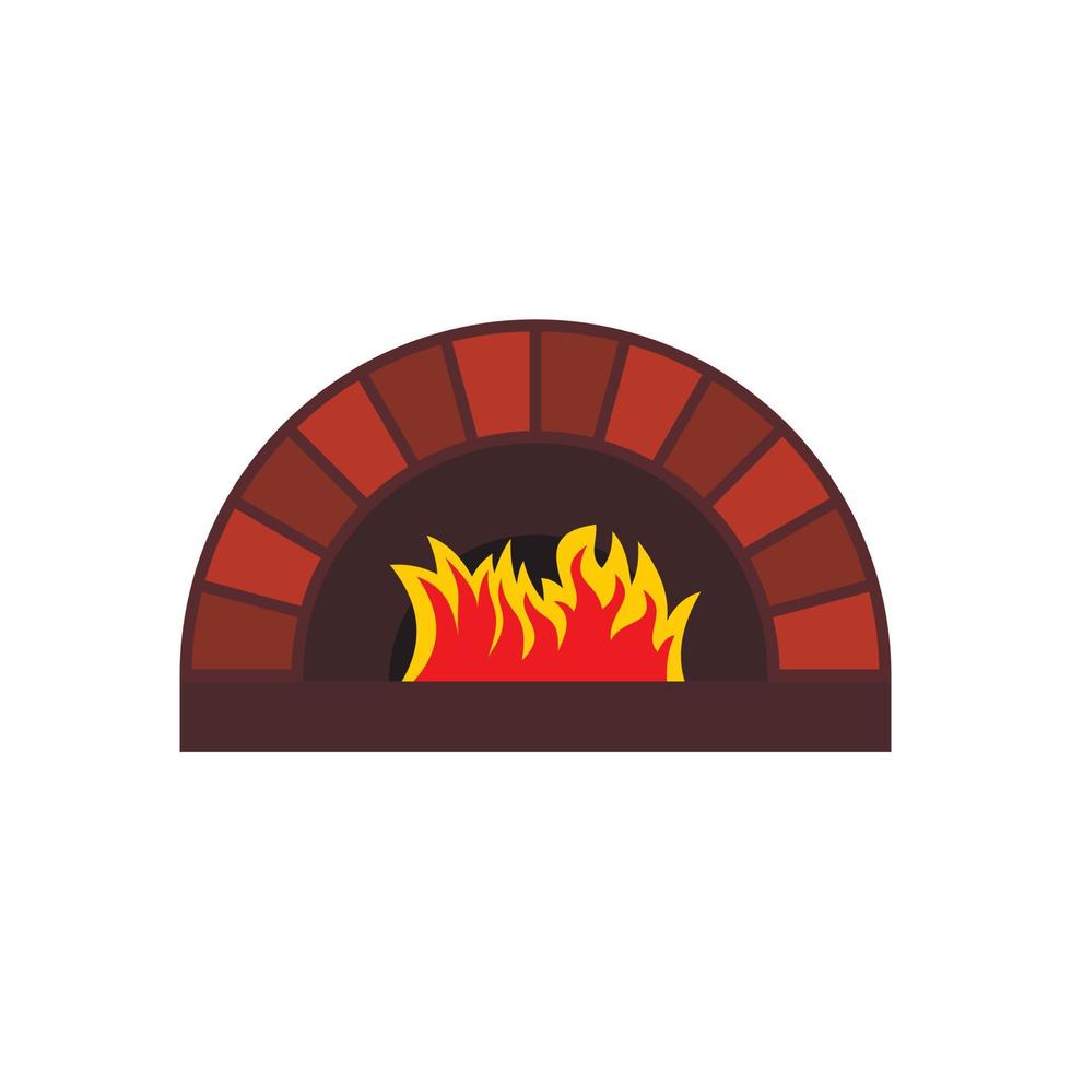 horno de pizza de ladrillo con icono de fuego, tipo plano vector