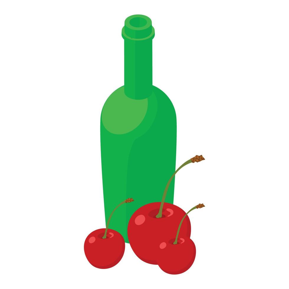 Cherry drink icon isometric vector. Bright ripe cherry green glass bottle icon vector