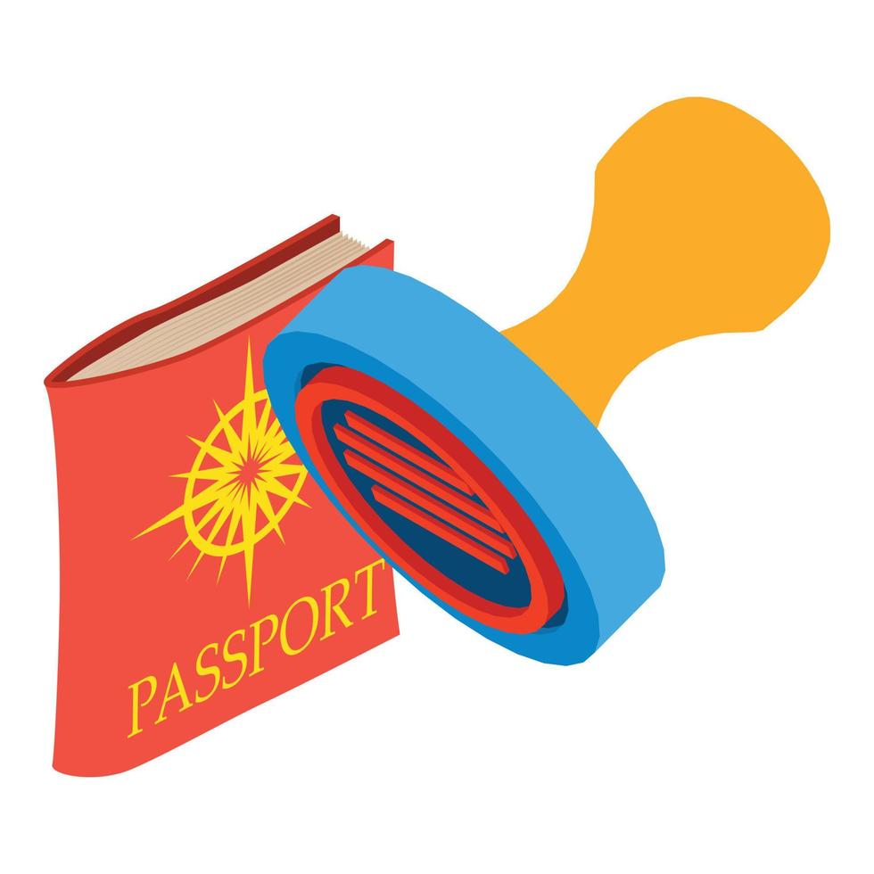 vector isométrico del icono del concepto de viaje. pasaporte en tapa roja e icono de sello redondo