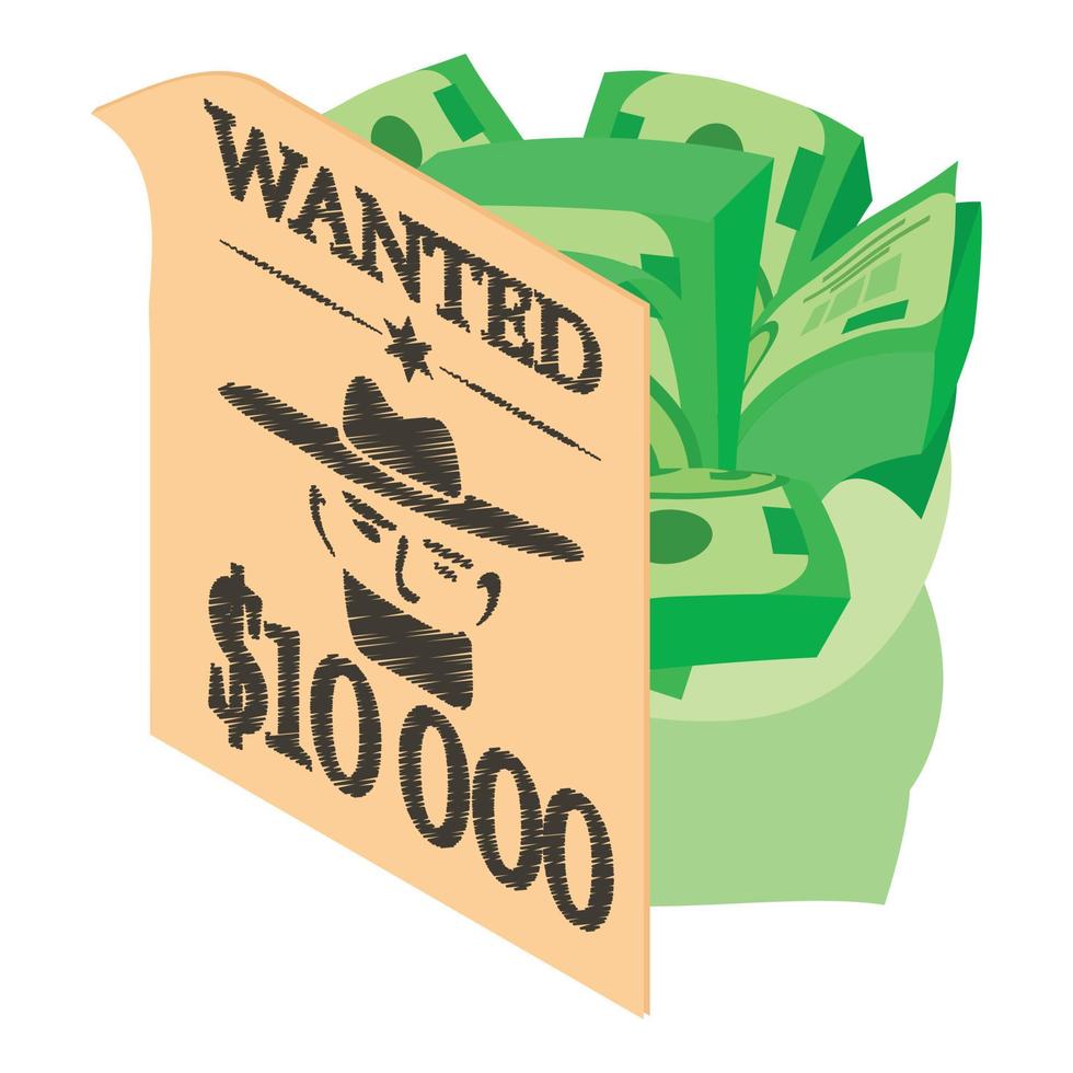 Wild west icon isometric vector. Wanted poster and big bag of dollar bill icon vector