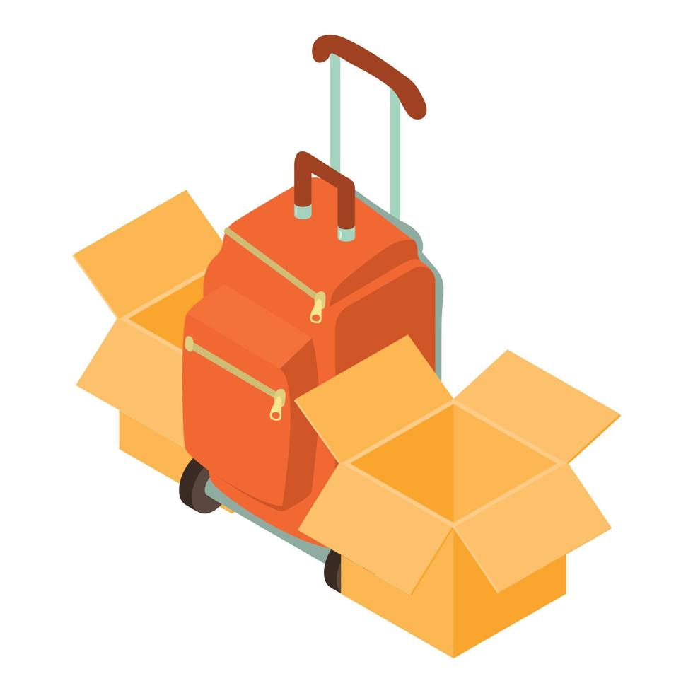 Travel accessory icon isometric vector. Suitcase on wheel and open cardboard box vector