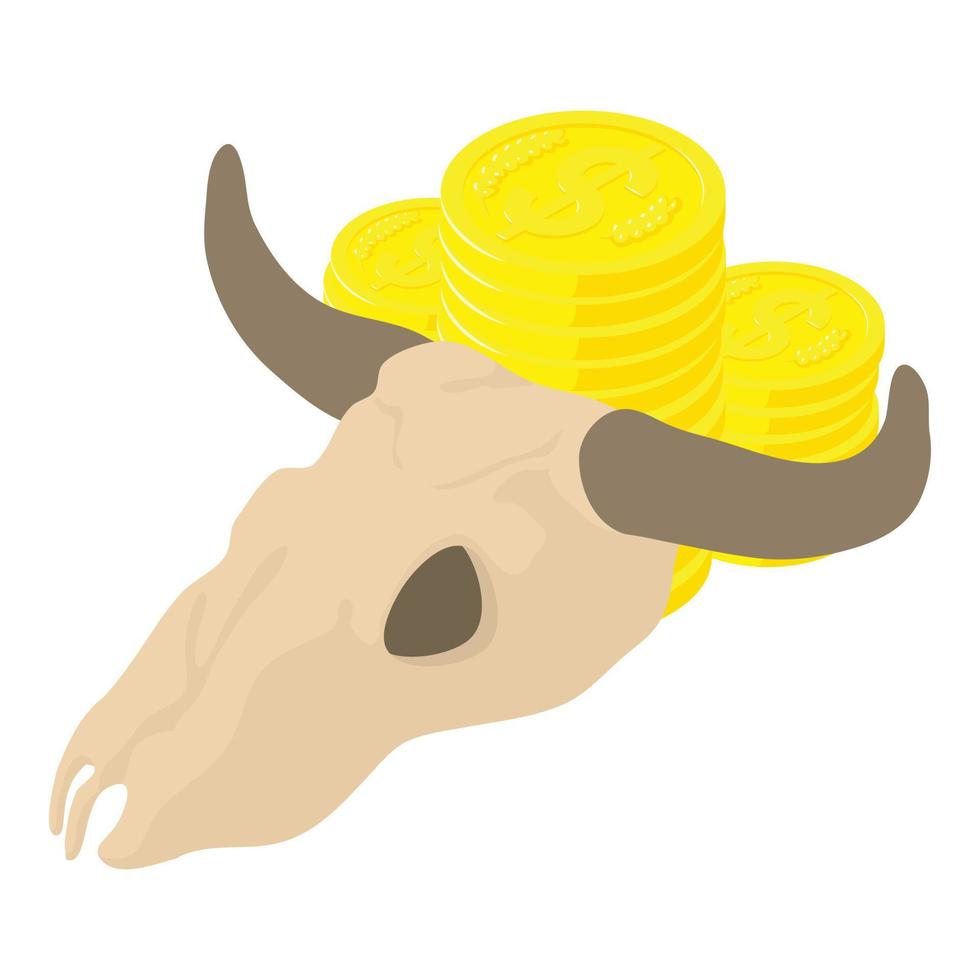 Wildwest símbolo icono vector isométrico. cráneo de búfalo y pila de icono de moneda de oro